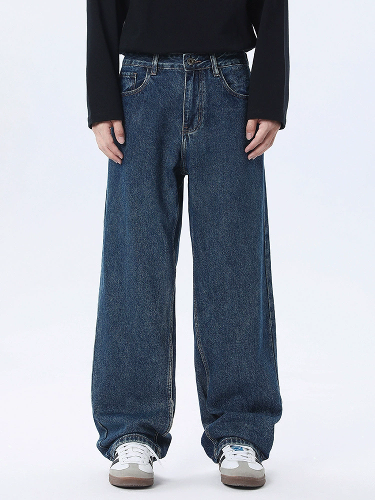 厂家直销男士复古水洗宽腿牛仔裤，春秋休闲，微弹直筒长裤设计