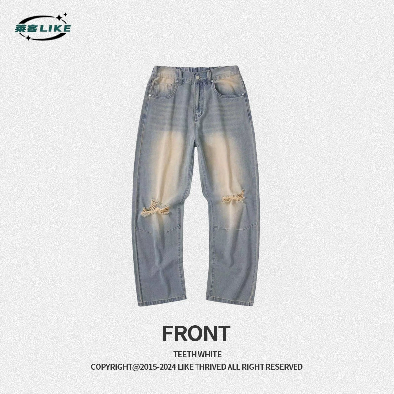 厂家直销男士复古水洗破洞宽松直筒牛仔裤，夏季休闲风格，多口袋设计