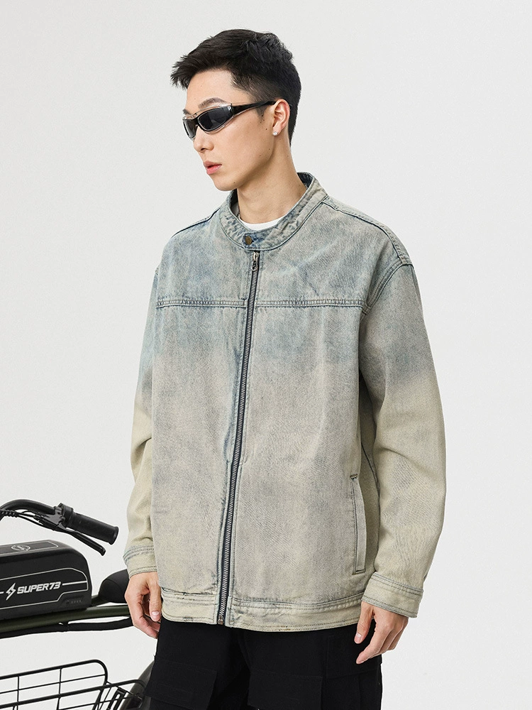 厂家直销男士美式复古宽松牛仔外套，春秋休闲款，耐磨防风设计，拉链开合多口袋
