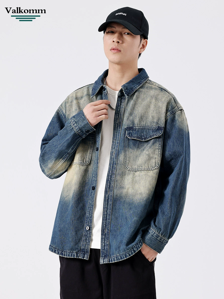 厂家直销男士宽松牛仔外套，水洗耐磨、高街休闲春秋夹克，个性口袋设计