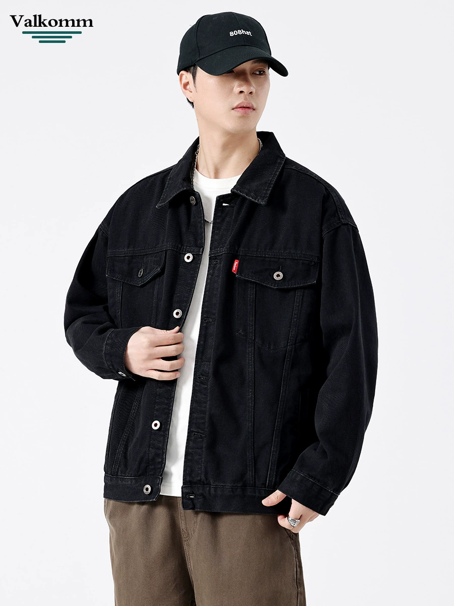 厂家直销男士宽松黑色牛仔外套，耐磨复古风格休闲夹克，多口袋设计，春季适用