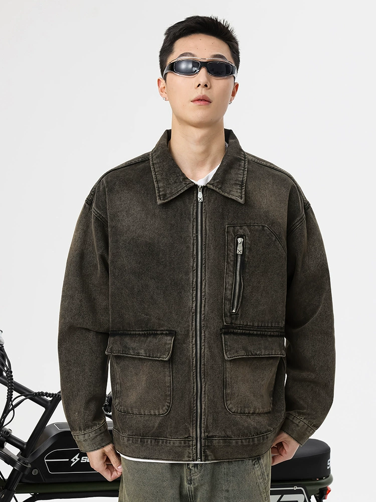 厂家直销男士透气耐磨做旧复古风牛仔外套宽松型，春秋季，多口袋设计