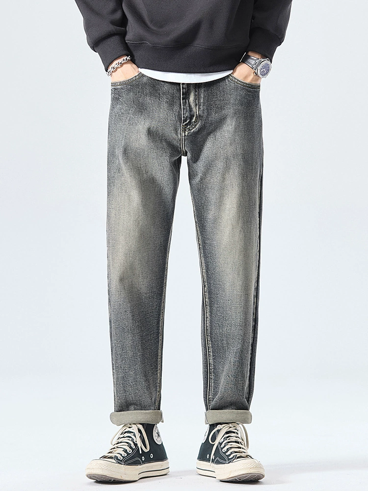 厂家直销男士修身水洗做旧铅笔牛仔裤，春秋休闲风，微弹九分裤设计