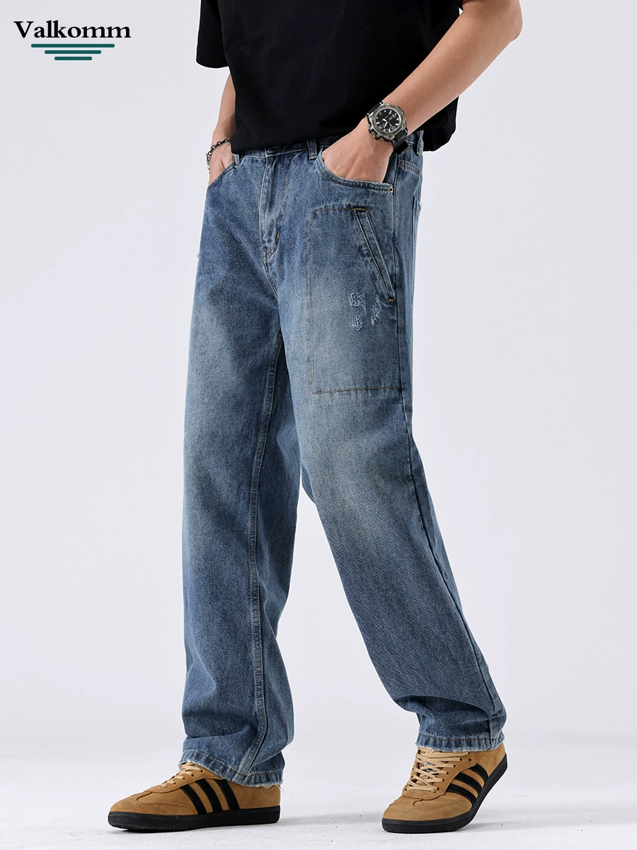 厂家直销男士高级感水洗破洞牛仔裤，宽松直筒，夏季休闲，多口袋设计