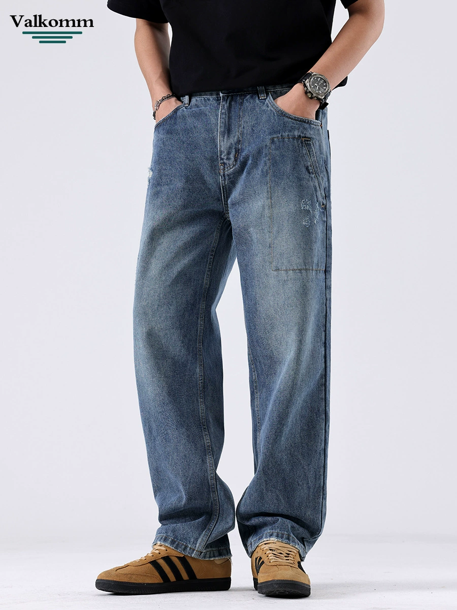 厂家直销男士高级感水洗破洞牛仔裤，宽松直筒，夏季休闲，多口袋设计