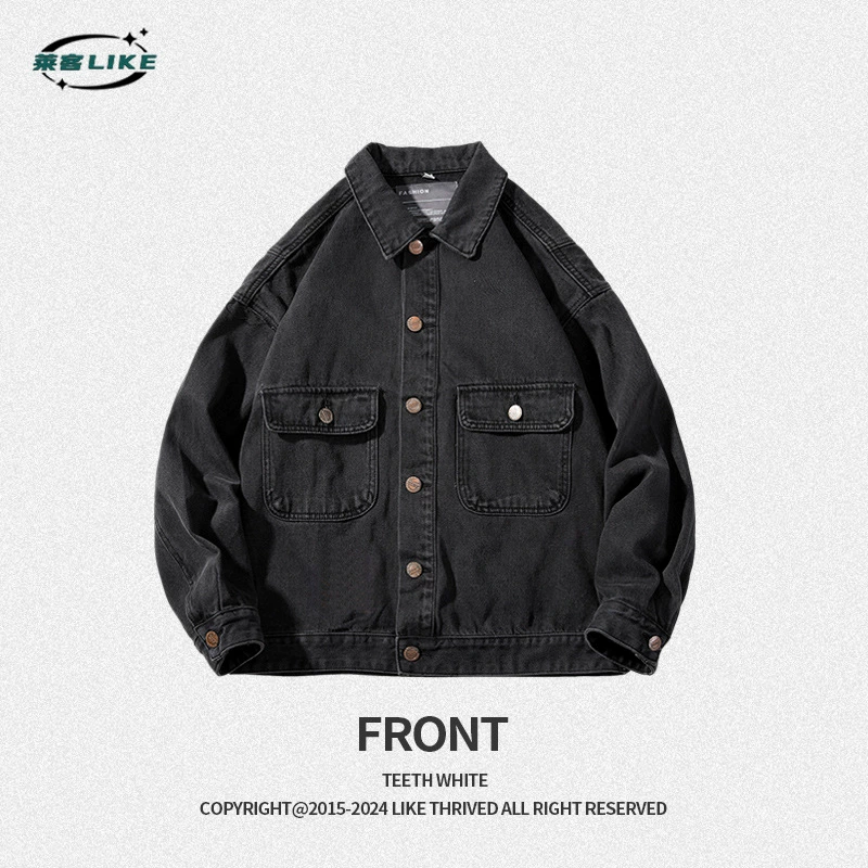 厂家直销男士复古宽松牛仔外套，时尚大口袋设计，耐磨牛仔面料，春秋休闲日常款，嘻哈风格传统磨毛工艺