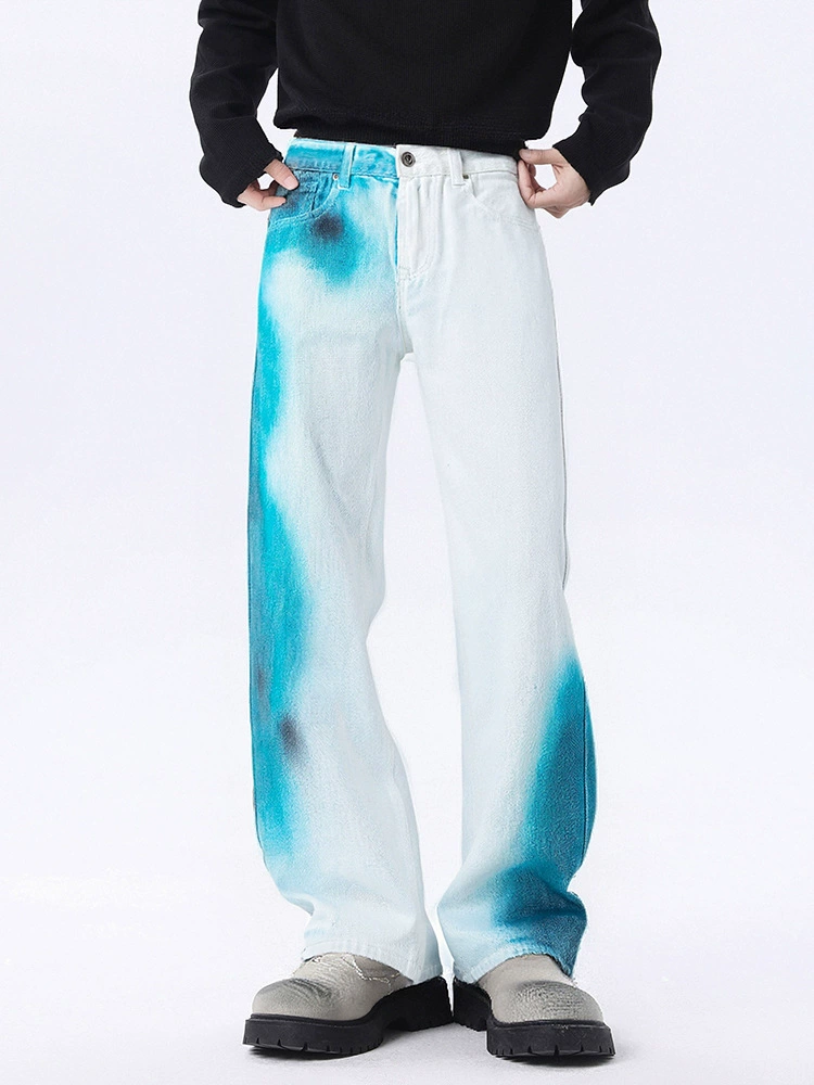 厂家直销青少年复古风喷绘牛仔裤，宽松直筒设计，春秋休闲百搭，水洗工艺舒适透气