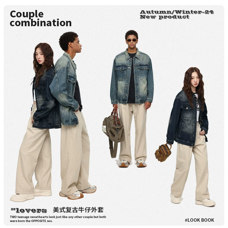 厂家直销男士宽松牛仔外套，春秋休闲美式风格，多口袋设计，街潮牛仔夹克