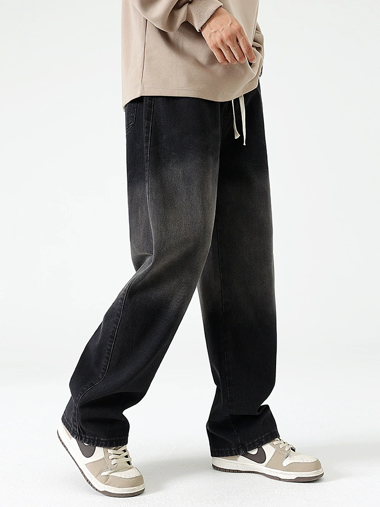 厂家直销男士宽松水洗直筒牛仔裤，春秋休闲风格，免烫处理撞色设计