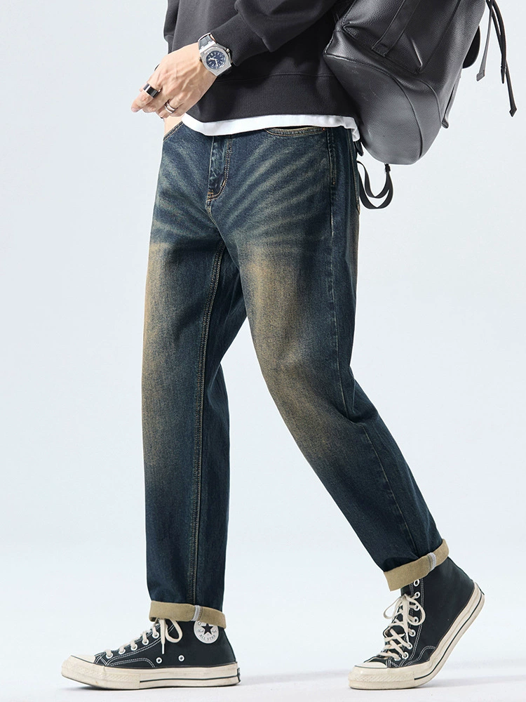 厂家直销男士修身弹力九分牛仔裤，复古风格，锥型设计，适合秋季休闲场合