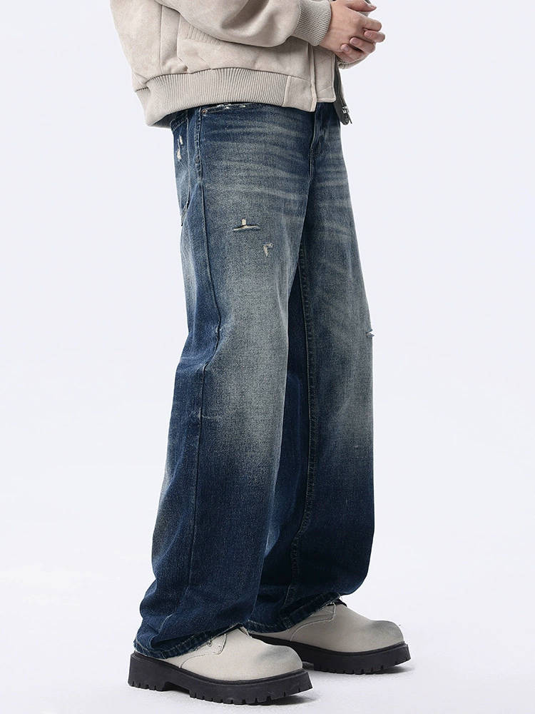 厂家直销男士复古宽松水洗破洞牛仔裤，秋季休闲直筒长裤，修身设计多口袋