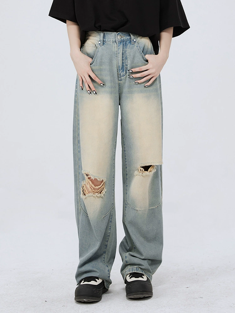 厂家直销男士复古水洗破洞宽松直筒牛仔裤，夏季休闲风格，多口袋设计