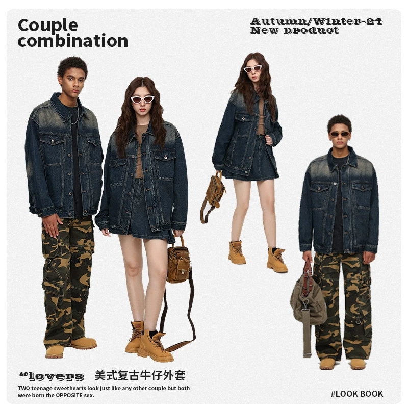 厂家直销青年复古水洗宽松牛仔外套夹克，春秋休闲，多口袋耐磨设计