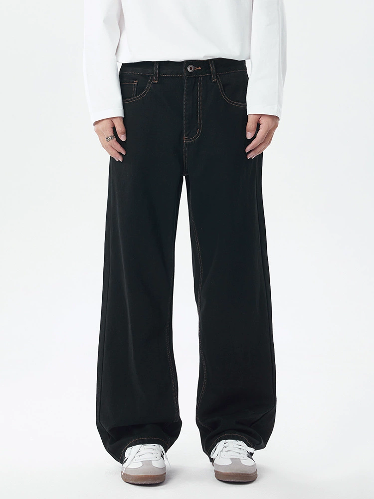 厂家直销男士宽松修身复古黑色牛仔裤，秋季休闲长裤，水洗免烫处理设计