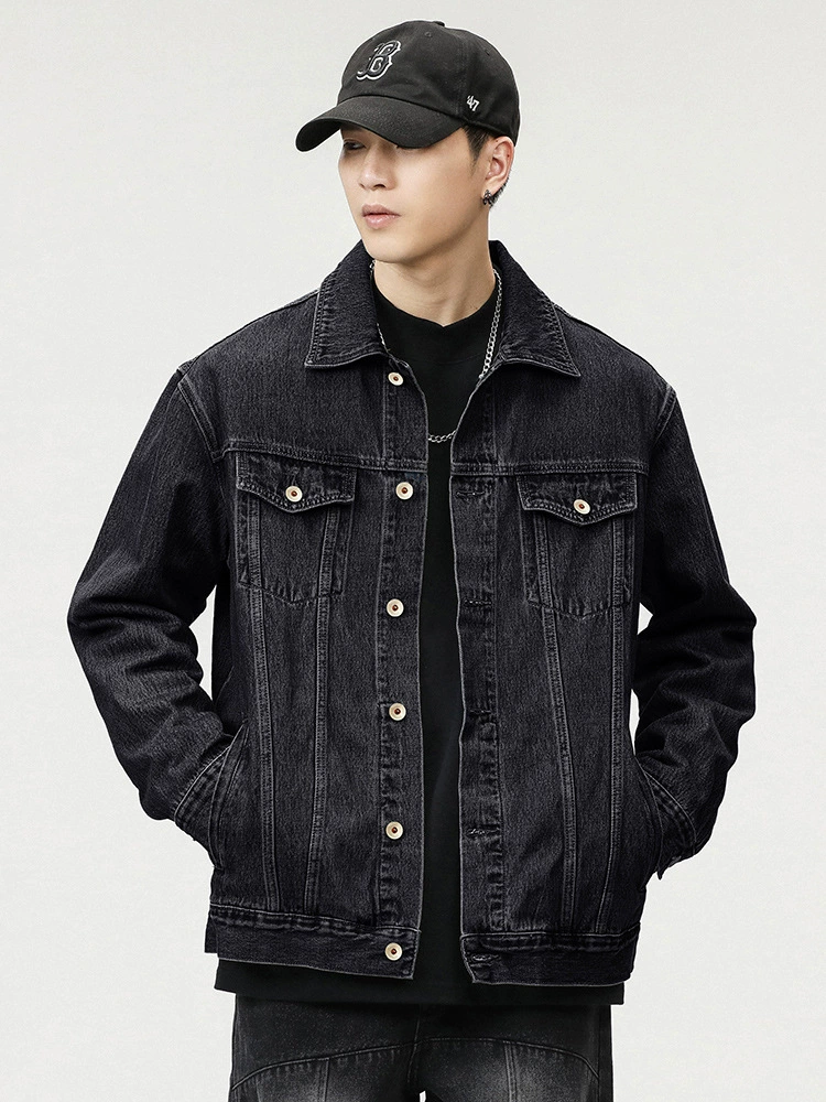 厂家直销男士宽松黑色牛仔外套，耐磨防撕裂，春秋日常，多口袋设计，日系复古风格
