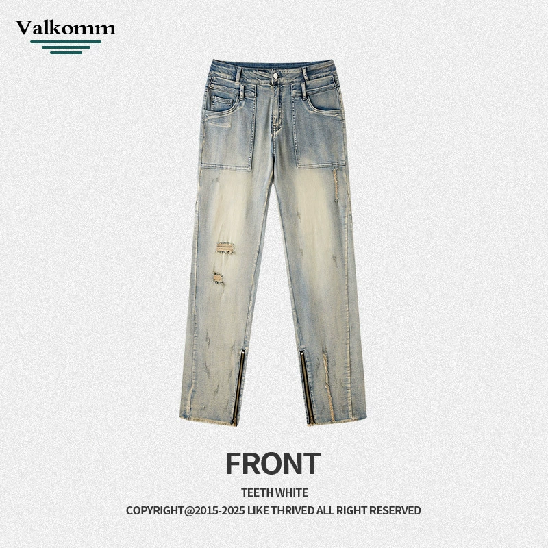 厂家直销男士破洞嘻哈风格牛仔裤，春秋休闲，水洗做旧长裤，拉链开襟设计