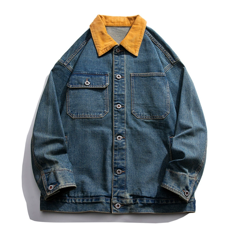 厂家直销男士宽松高档牛仔外套，透气耐磨休闲夹克，春秋适用，拼色设计，免烫处理