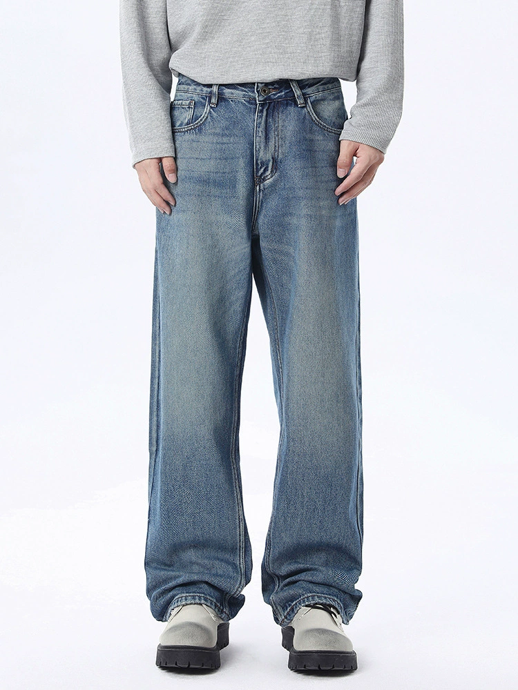 厂家直销男士复古做旧水洗牛仔裤，宽松直筒设计，春秋季日常休闲，高街时尚风格