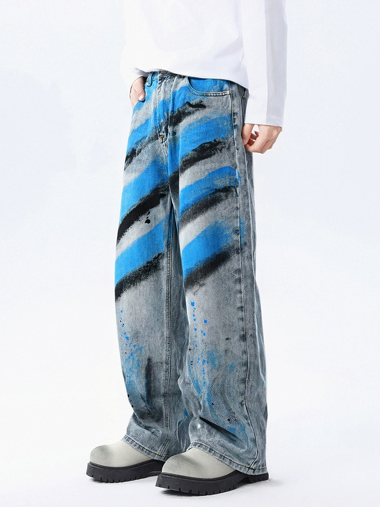 厂家直销男士宽松手绘喷墨牛仔裤，水洗渐变直筒长裤，休闲高街风格，适合春秋季