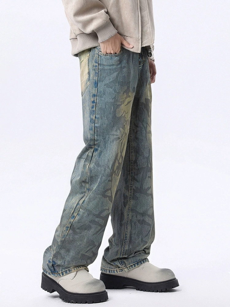 厂家直销男士复古涂鸦水洗牛仔裤，宽松直筒设计，春秋休闲款，多口袋实用风格