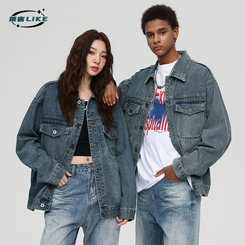 厂家直销男士修身复古牛仔外套，宽松版型，春秋季，日常免烫处理牛仔夹克