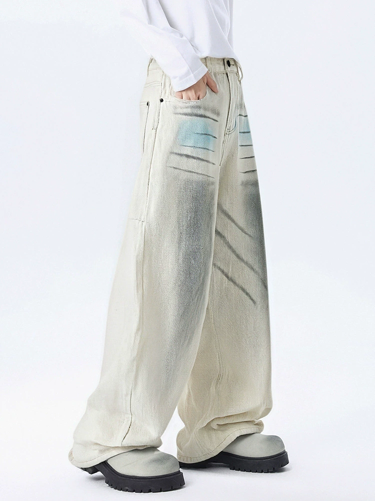 厂家直销男士宽松手绘涂鸦牛仔裤，水洗加厚阔腿裤，秋季休闲街潮风格，多口袋设计