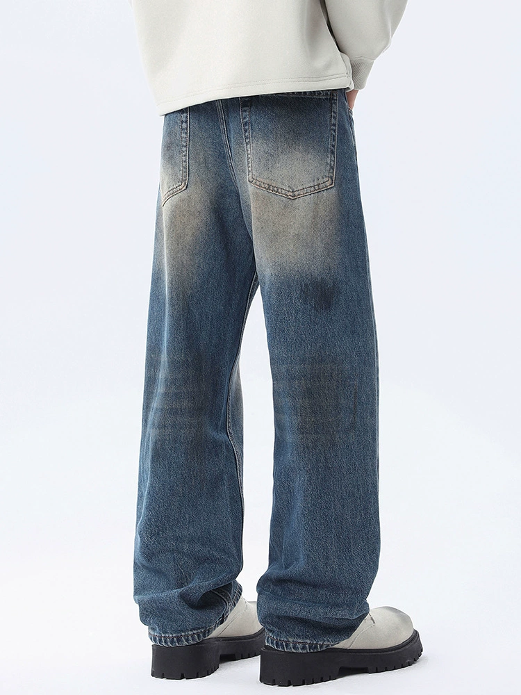 厂家直销男士水洗做旧宽松牛仔裤，街头风格，适合春秋季休闲穿着
