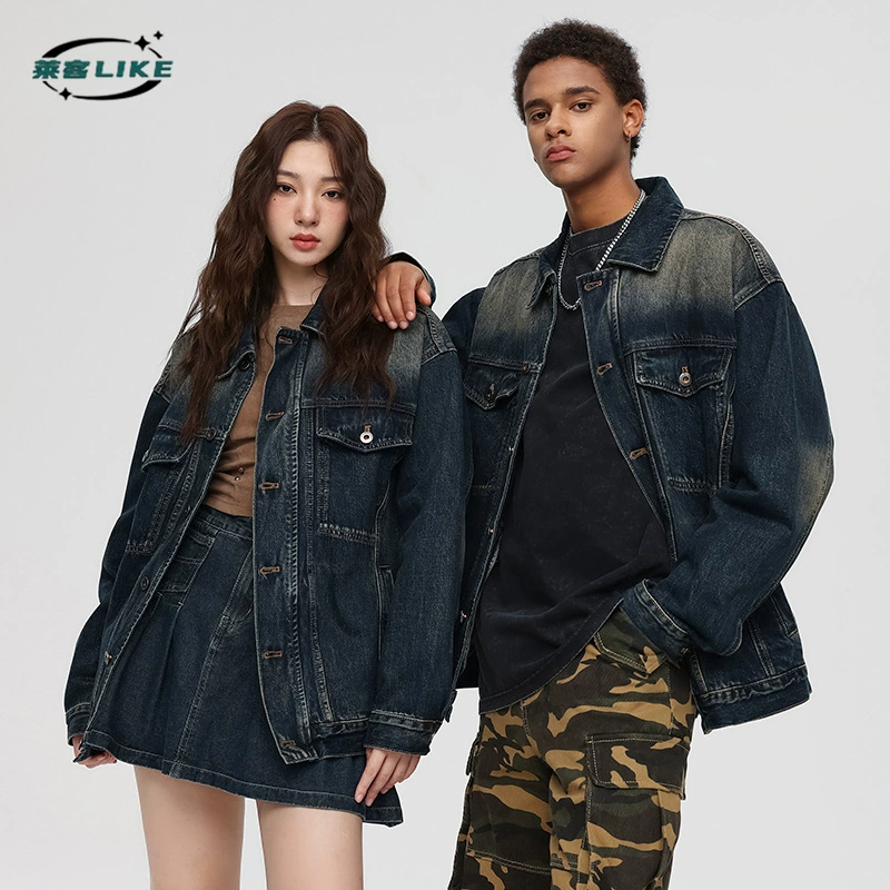 厂家直销青年复古水洗宽松牛仔外套夹克，春秋休闲，多口袋耐磨设计