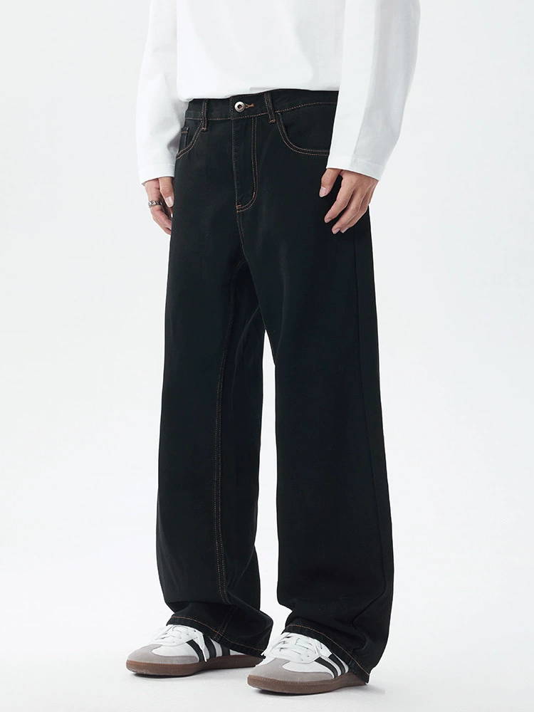 厂家直销男士宽松修身复古黑色牛仔裤，秋季休闲长裤，水洗免烫处理设计