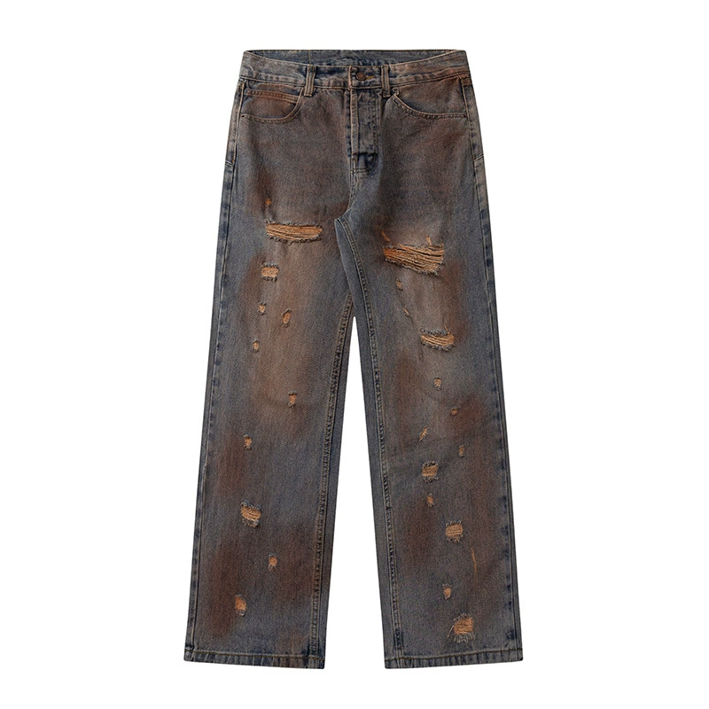 厂家直销青少年牛仔裤，复古渐变水洗直筒，百搭宽松风，春秋季休闲，手工破洞设计