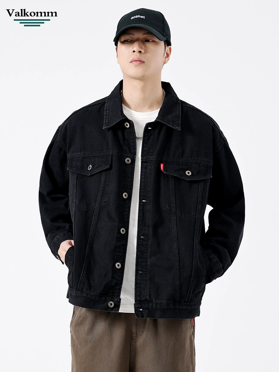 厂家直销男士宽松黑色牛仔外套，耐磨复古风格休闲夹克，多口袋设计，春季适用