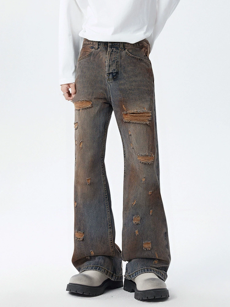 厂家直销男士修身复古水洗牛仔裤，直筒设计，春秋休闲，手工磨破风格