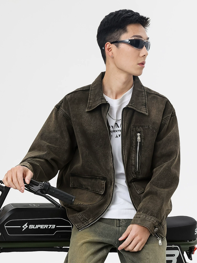 厂家直销男士透气耐磨做旧复古风牛仔外套宽松型，春秋季，多口袋设计