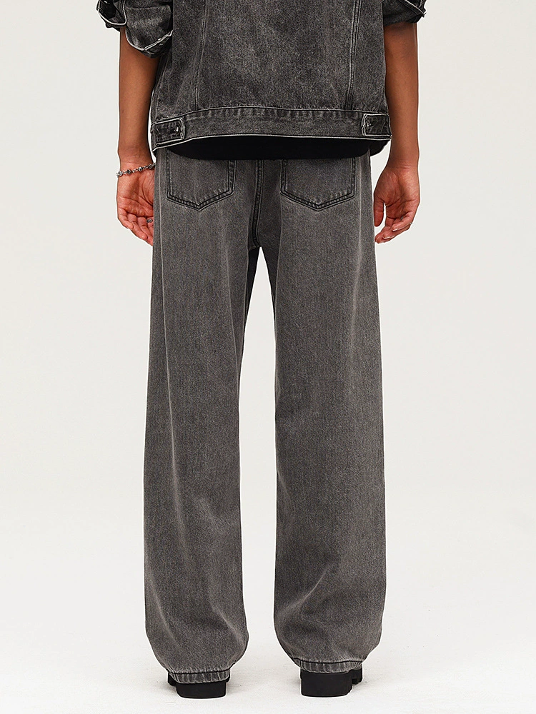 厂家直销男士宽松水洗牛仔裤，深灰色直筒长裤，休闲风格，适合四季日常穿着