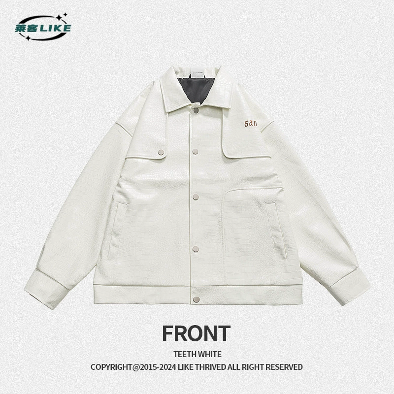 厂家直销男女通用宽松PU皮翻领夹克，时尚黑色休闲外套，春秋季日常穿搭，免烫处理，多口袋设计