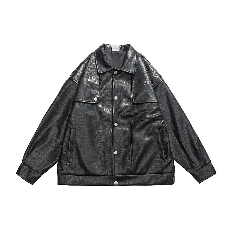 厂家直销男女通用宽松PU皮翻领夹克，时尚黑色休闲外套，春秋季日常穿搭，免烫处理，多口袋设计