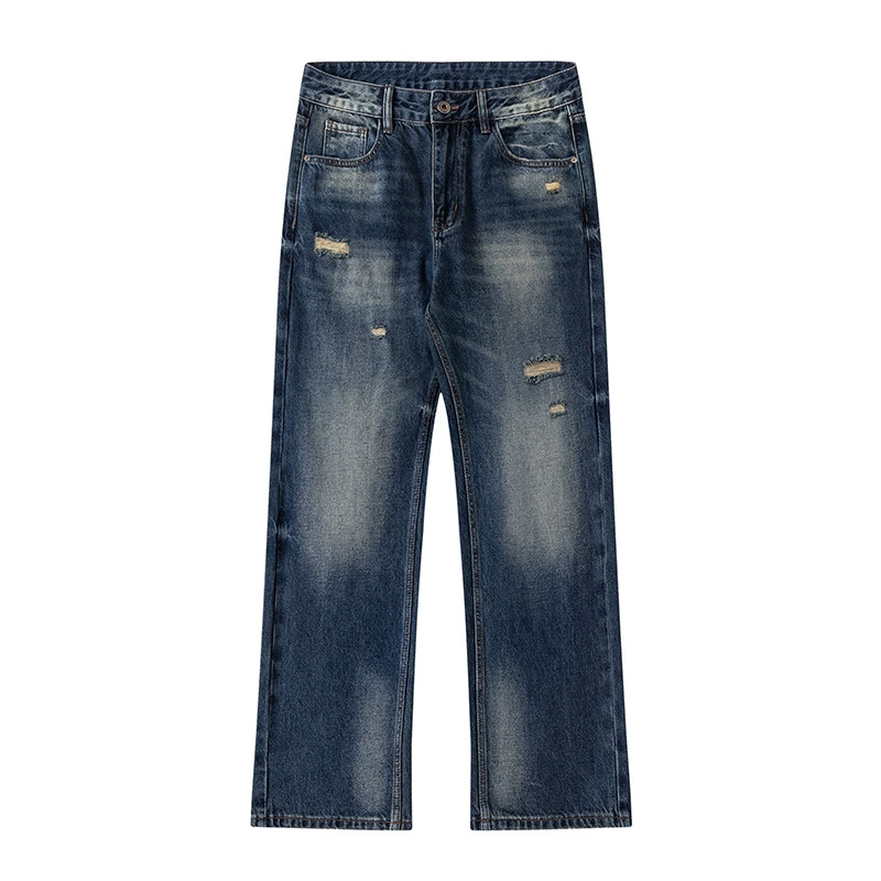 厂家直销男士水洗蓝宽松牛仔裤，复古渐变显瘦直筒设计，春秋休闲日常必备长裤，手工磨破工艺。
