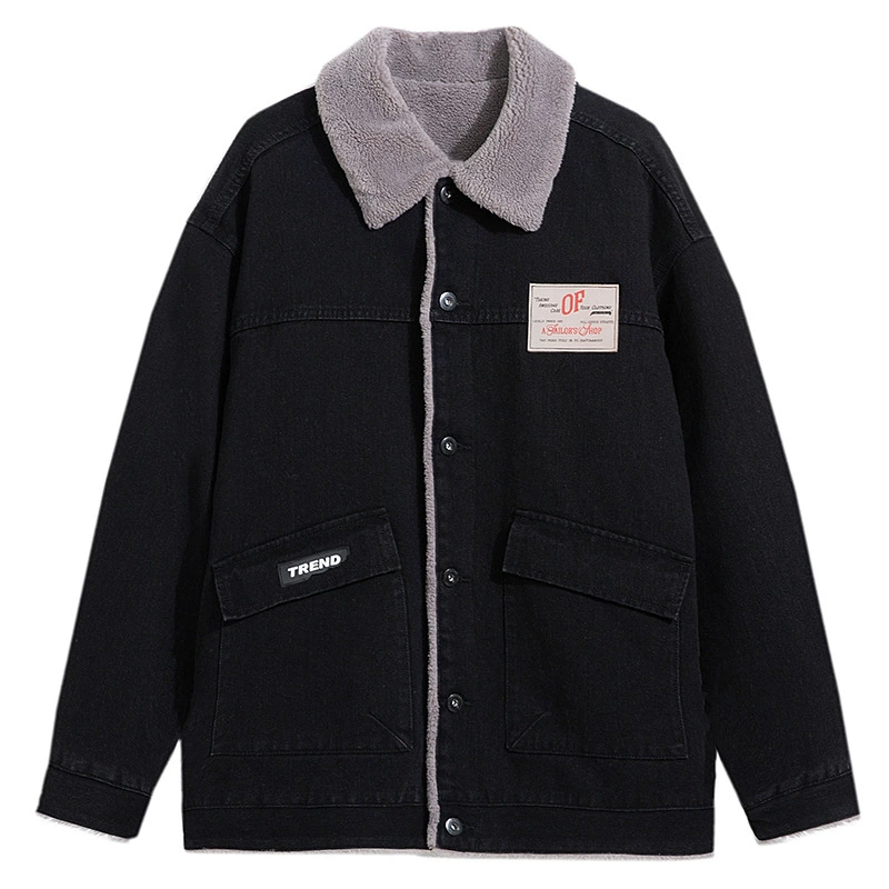 厂家直销男士宽松复古黑白拼色牛仔外套，冬季休闲风格，耐磨立体大口袋设计
