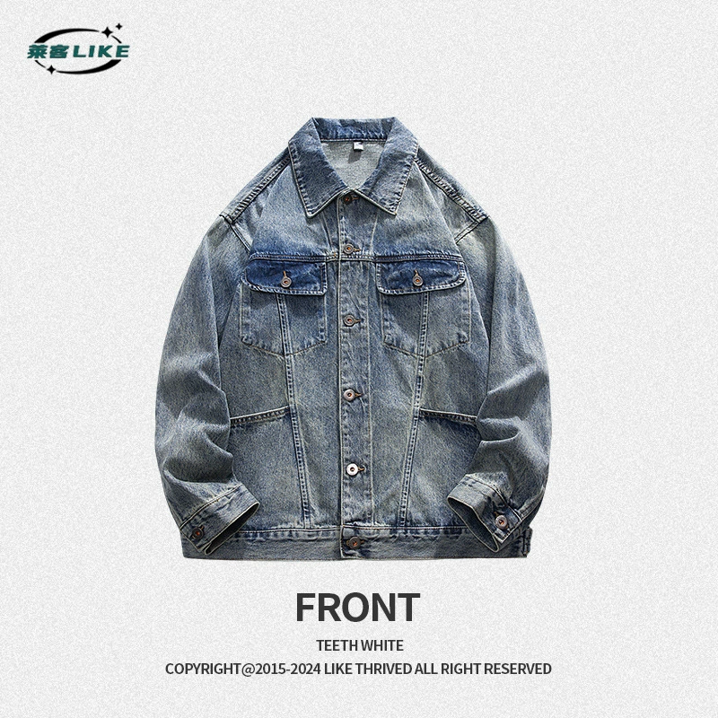 厂家直销男士宽松水洗复古牛仔外套，春秋日常，多口袋耐磨夹克