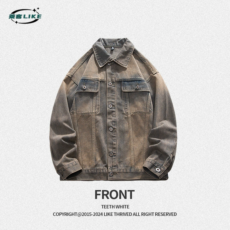 厂家直销男士高街风潮牌做旧牛仔外套宽松夹克，春秋季日常休闲，耐磨面料多口袋设计