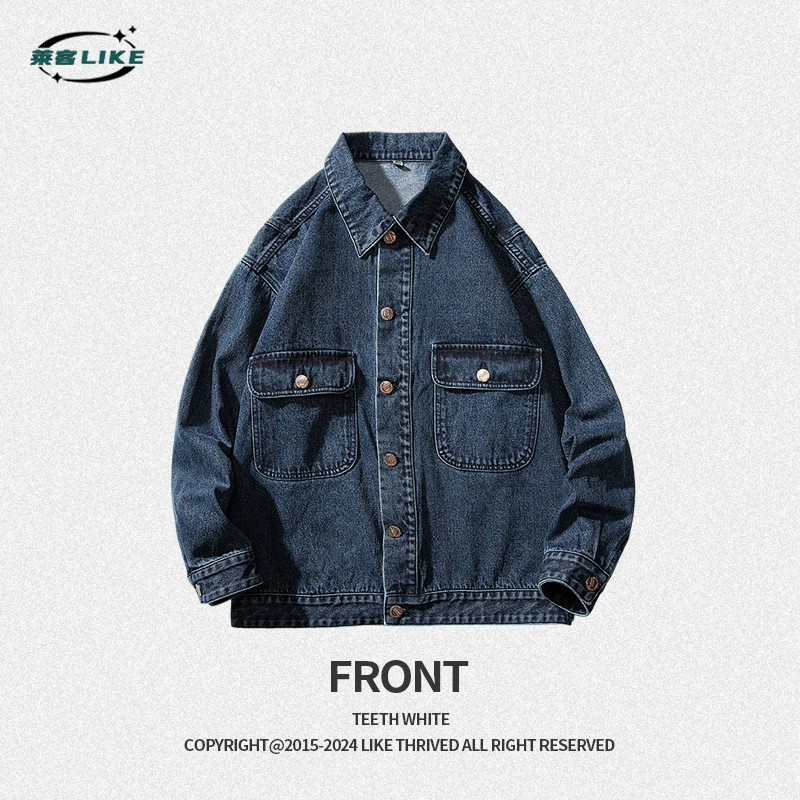 厂家直销男士复古宽松牛仔外套，时尚大口袋设计，耐磨牛仔面料，春秋休闲日常款，嘻哈风格传统磨毛工艺