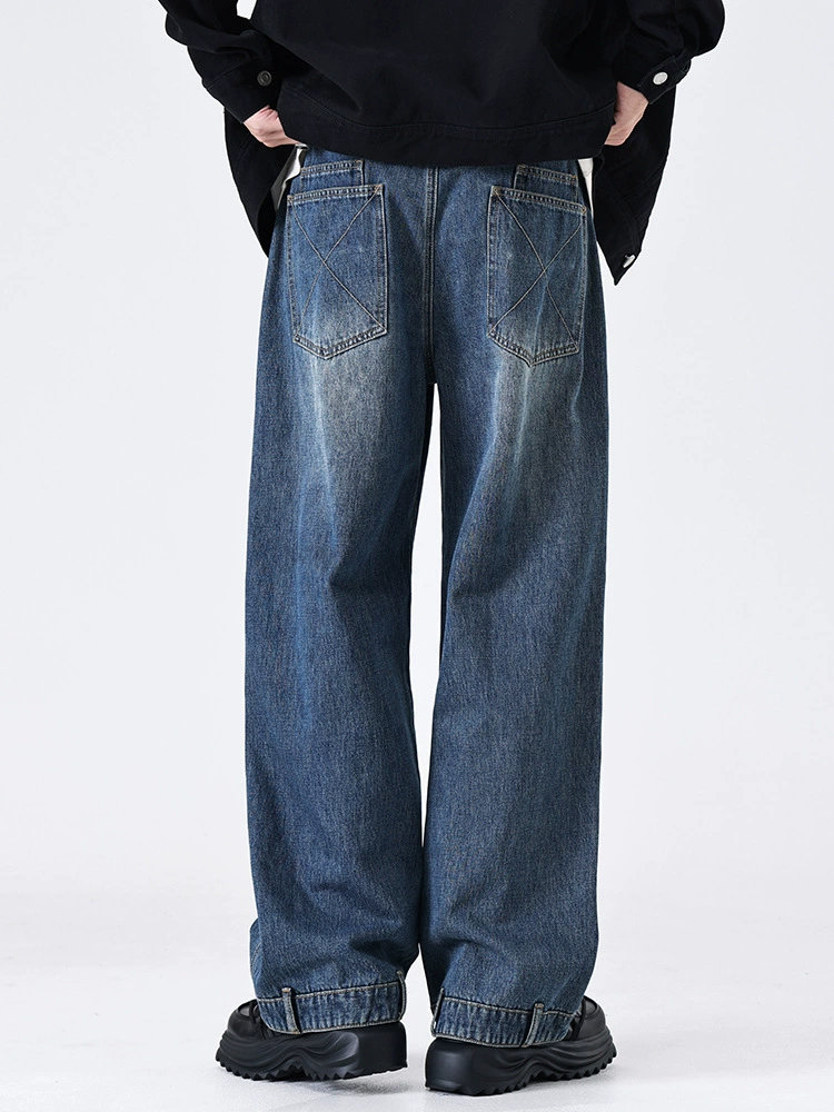 厂家直销男士宽松水洗牛仔裤，复古蓝色直筒设计，秋季高街休闲风格，适合青年穿着