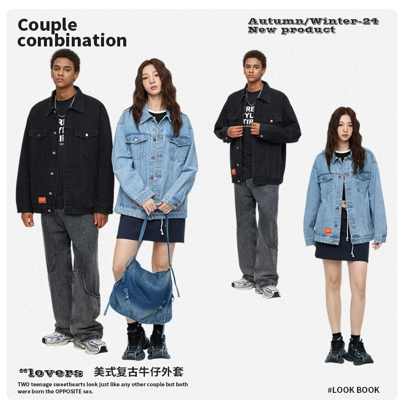 厂家直销男士宽松复古水洗牛仔外套，休闲风格，多口袋设计，日常百搭夹克