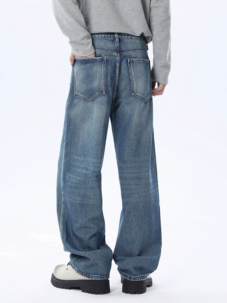厂家直销男士复古做旧水洗牛仔裤，宽松直筒设计，春秋季日常休闲，高街时尚风格