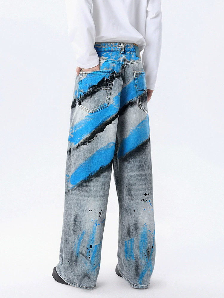 厂家直销青少年牛仔裤，水洗渐变手绘宽松直筒，春秋休闲风格，微弹增强舒适感