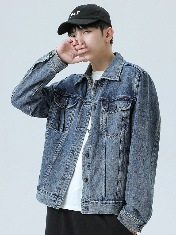 厂家直销男士宽松水洗牛仔外套，经典复古设计，适合四季休闲，防风透气，多口袋款式