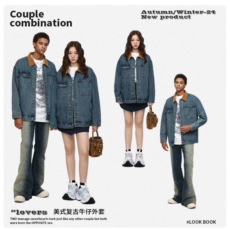 厂家直销男士宽松复古蓝牛仔外套，时尚简约设计，春秋休闲，免烫处理多口袋夹克