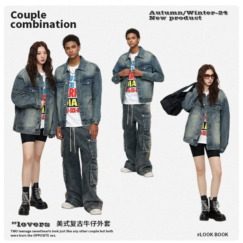 厂家直销男士宽松牛仔外套，复古美式风格，日常时尚夹克，春秋季，多口袋设计，免烫处理