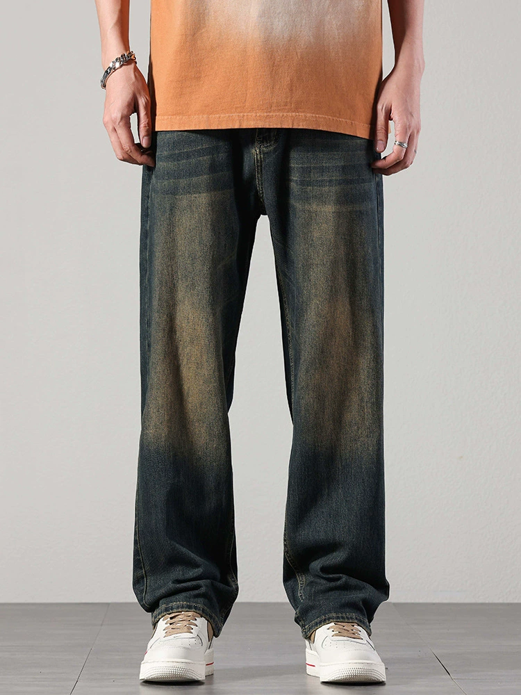 厂家直销男士复古蓝牛仔裤，高街宽松直筒长裤，秋季休闲风格，水洗免烫工艺
