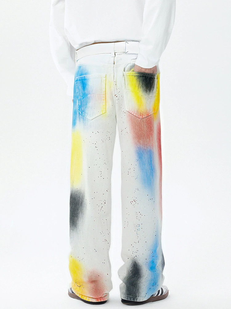 厂家直销男士宽松涂鸦牛仔裤，秋季休闲设计，直筒款式，多口袋时尚长裤